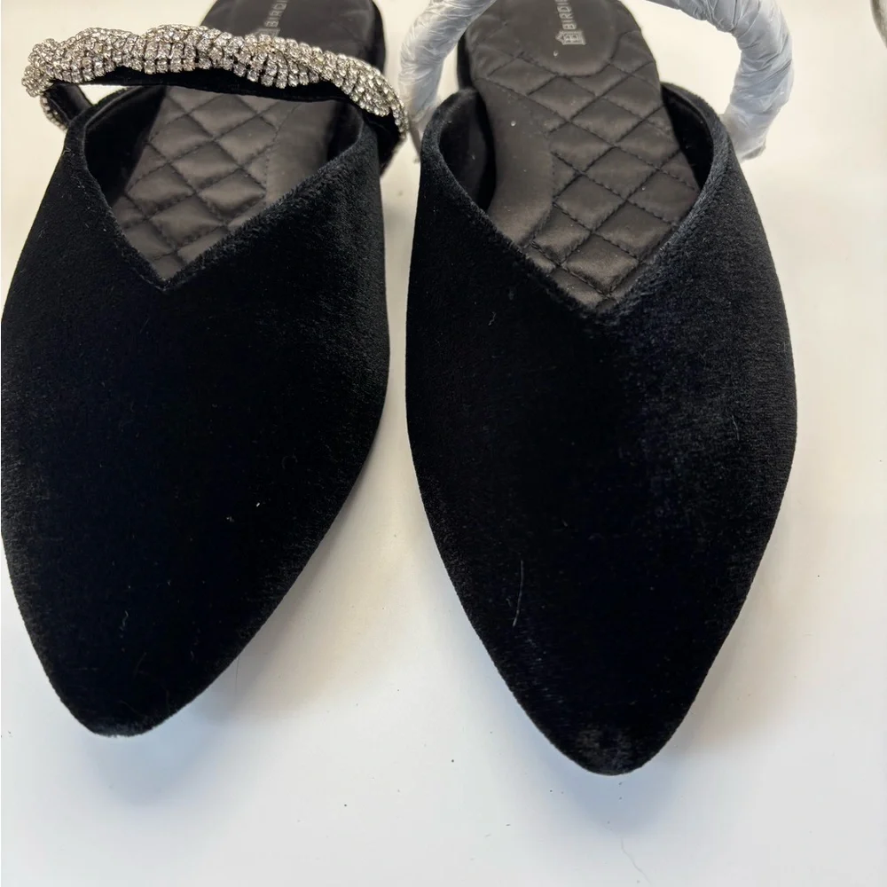 Birdies Black Velvet Mules with Rhinestone Accent - Picture 3 of 11